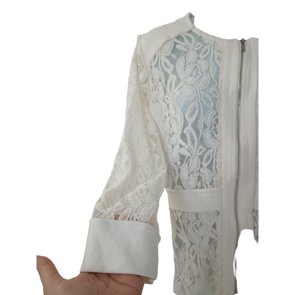 Kate & Mallory Ivory Lace Zip‎ Jacket Sheer Floral 3/4 Sleeve Blazer Women’s L - Picture 5 of 9